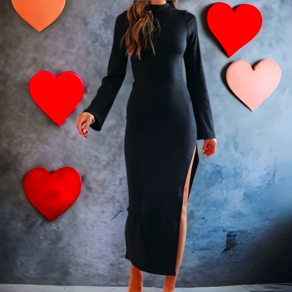 Long Sleeve Ribbed side Slit Maxi Dress